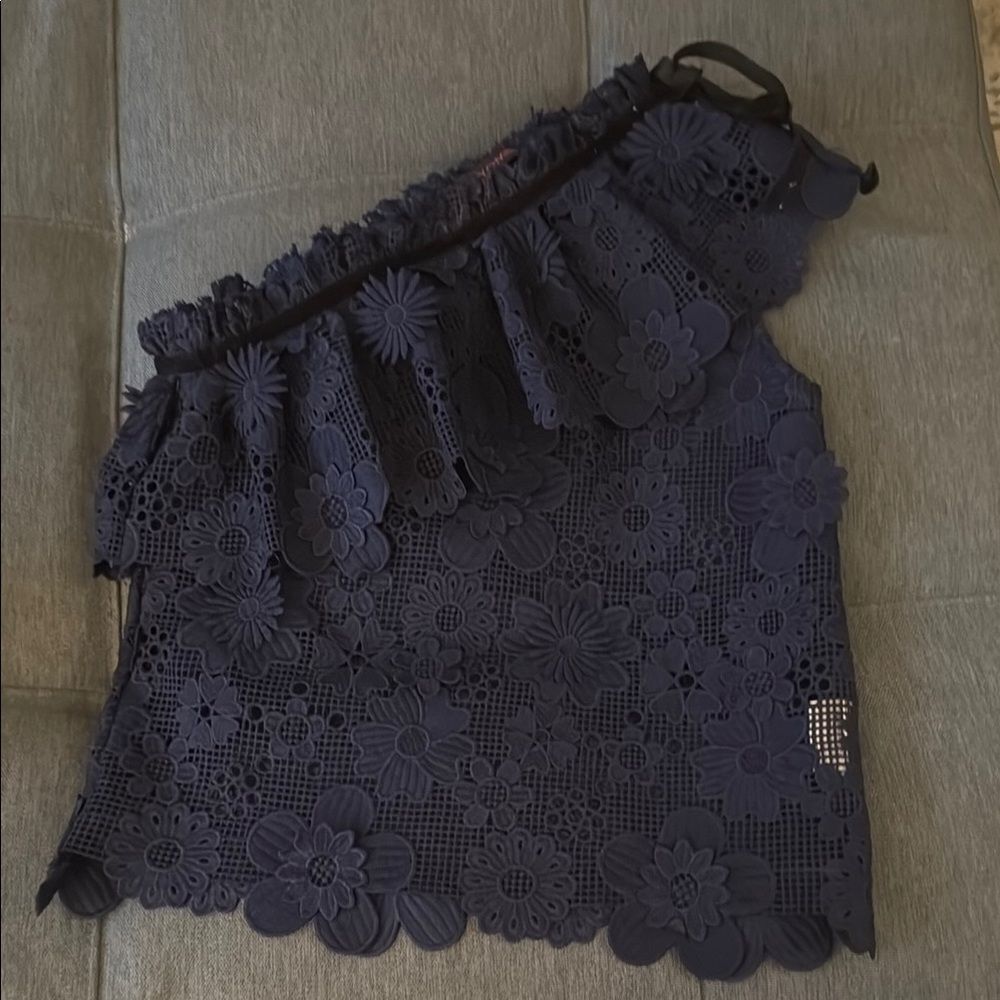 Yomis Navy Embroidered Lace One Shoulder Blouse With Scallop Edge. Size Small.